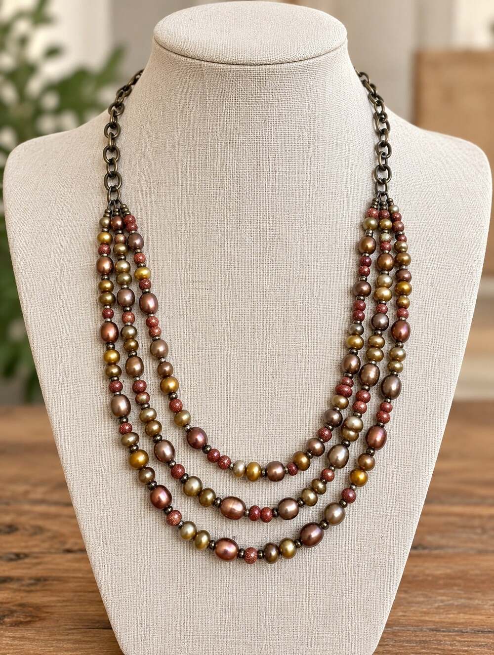 Peyote Bird Free Spirit Genuine Stone Pearl Necklace Layered Beads Brown